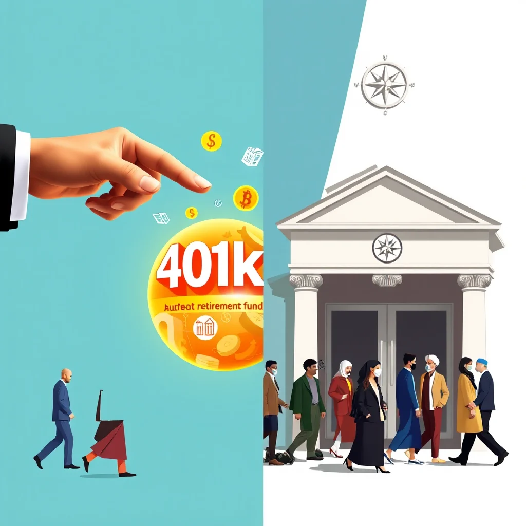 Eine Hand zeigt auf einen leuchtenden Kreis mit der Aufschrift "401k" und einer Lupe. Rechts davon ist eine Bank mit einer Schlange von Menschen, die Masken tragen.