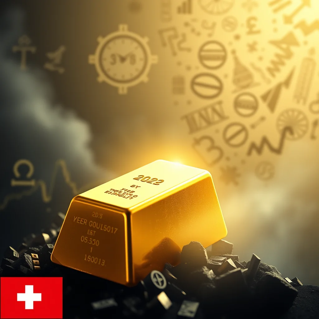 Ein goldener Barren mit der Aufschrift "2022" liegt auf schwarzem Gestein, vor einem verschwommenen Hintergrund mit Finanzsymbolen und einer Schweizer Flagge.