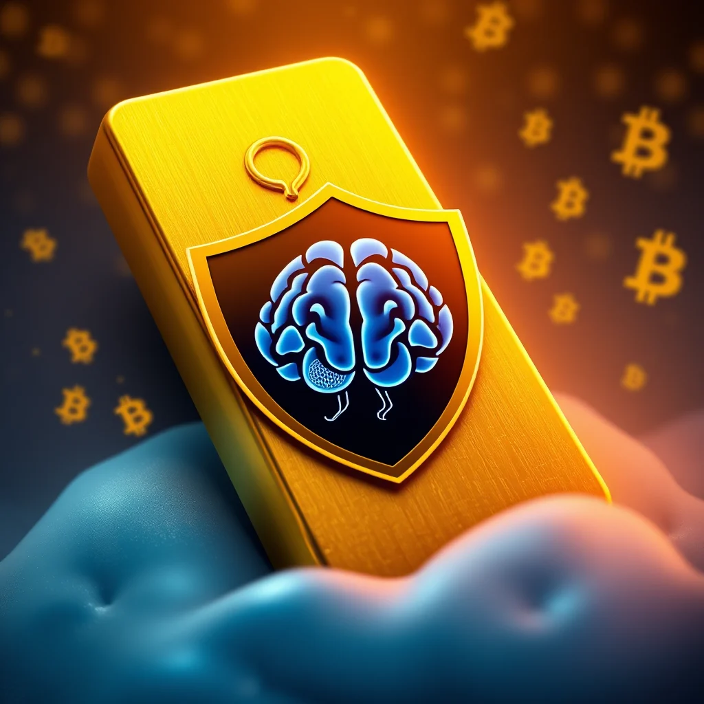 Ein goldener Barren, der mit einem Schild mit einem blau leuchtenden Gehirn und Bitcoin-Symbolen im Hintergrund gehalten wird.