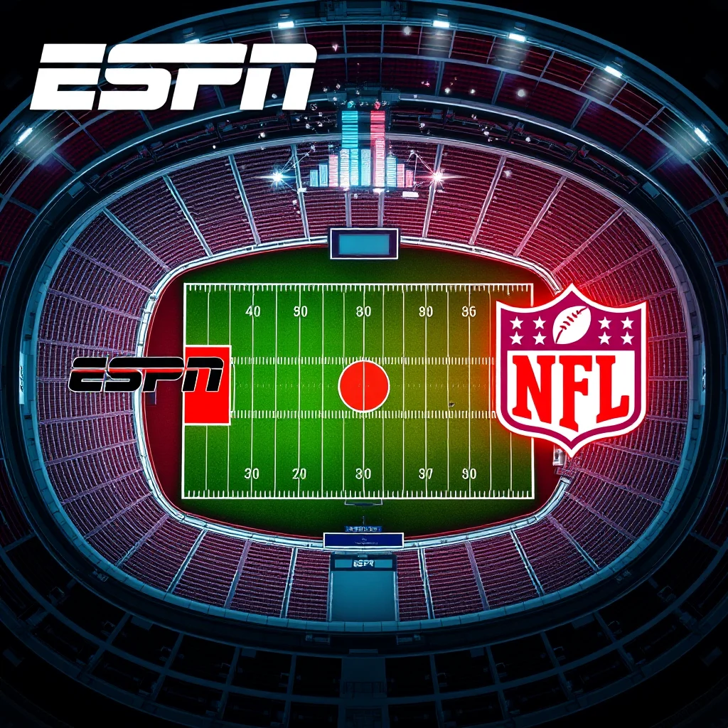Eine Drohnenansicht eines Fußballstadions mit einem Footballfeld, der ESPN- und NFL-Logos und Zuschauertribünen.