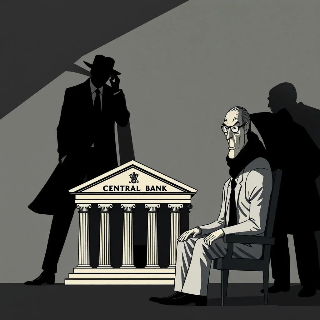 Ein stilisierter Mann in einem hellen Anzug und Schal sitzt auf einem Stuhl und blickt nachdenklich nach vorne, mit einer Silhouette eines Mannes, der hinter ihm steht. Links von ihm steht ein Gebäude der Zentralbank mit Säulen, und eine Silhouette eines Mannes in einem Hut spricht über ein Telefon, während er sich auf den Schatten des Gebäudes stützt.
